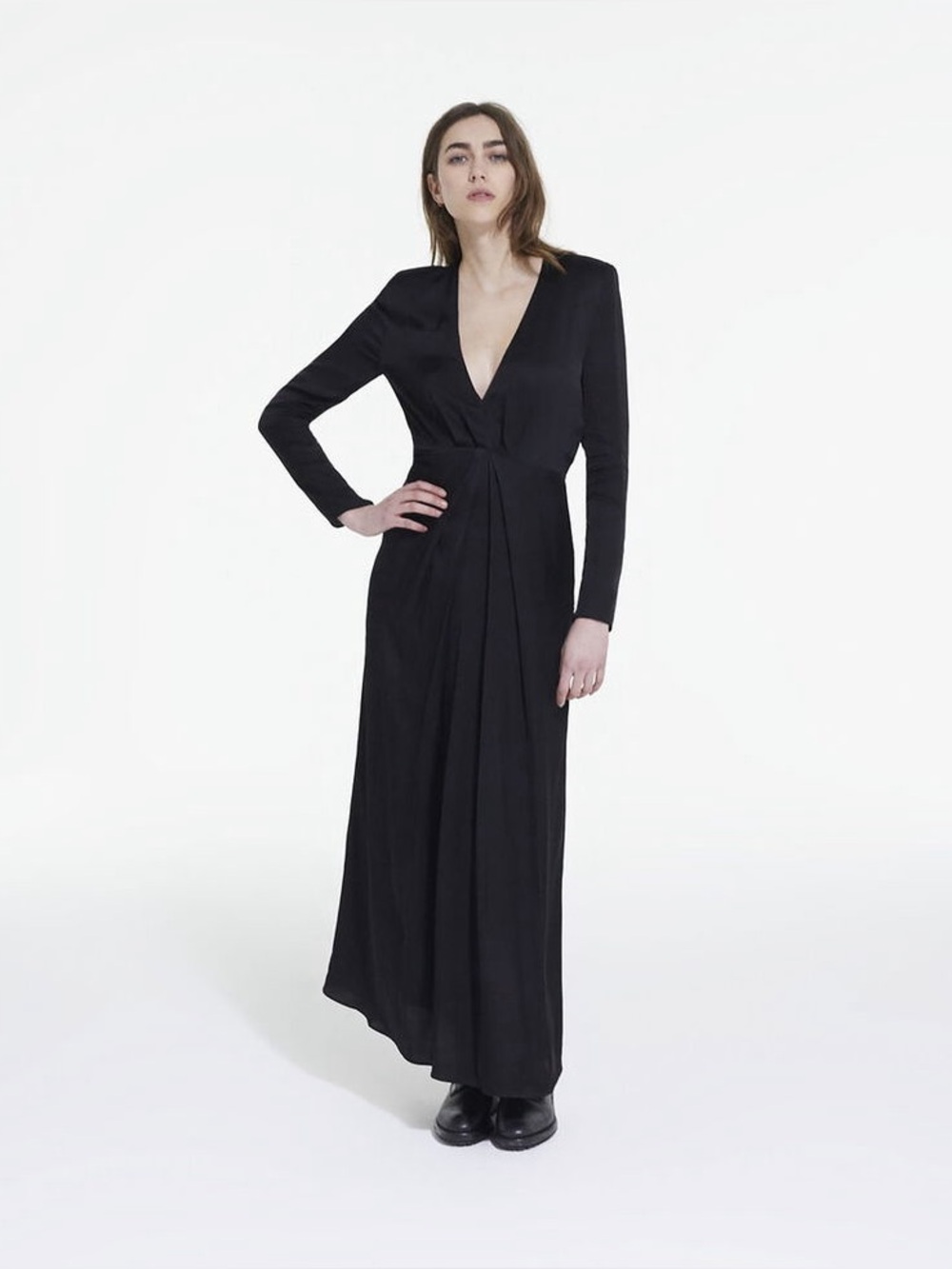 The Kooples black glam long sleeve silk deep v-neck Long dress size 3 NWT